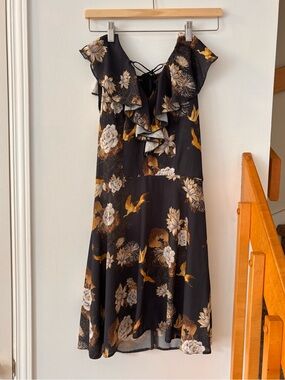 Black Floral Ruffle Midi Dress